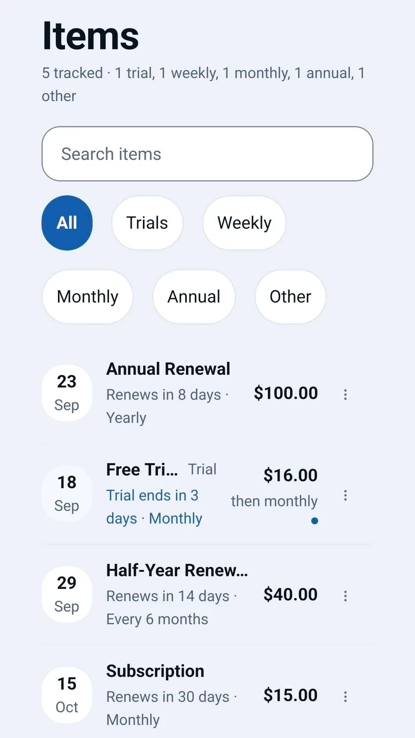 The Items screen, listing everything entered rather than only what renews next. A count reads five tracked: one trial, one weekly, one monthly, one annual and one other. Below a search box, filter pills offer All, Trials, Weekly, Monthly, Annual and Other, with All selected. The first four of the five entries are visible: Annual Renewal, renewing in 8 days on 23 September, $100.00 yearly; Free Trial, ending in 3 days on 18 September, $16.00 then monthly; Half-Year Renewal, renewing in 14 days on 29 September, $40.00 every 6 months; and Subscription, renewing in 30 days on 15 October, $15.00 monthly. The fifth sits below the visible area.